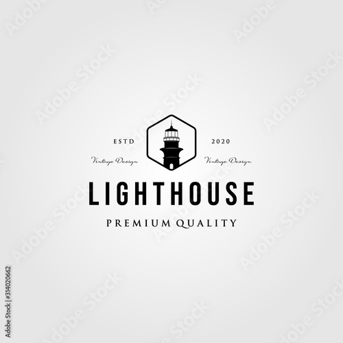 lighthouse vintage logo in hexagonal frame vector design illustration