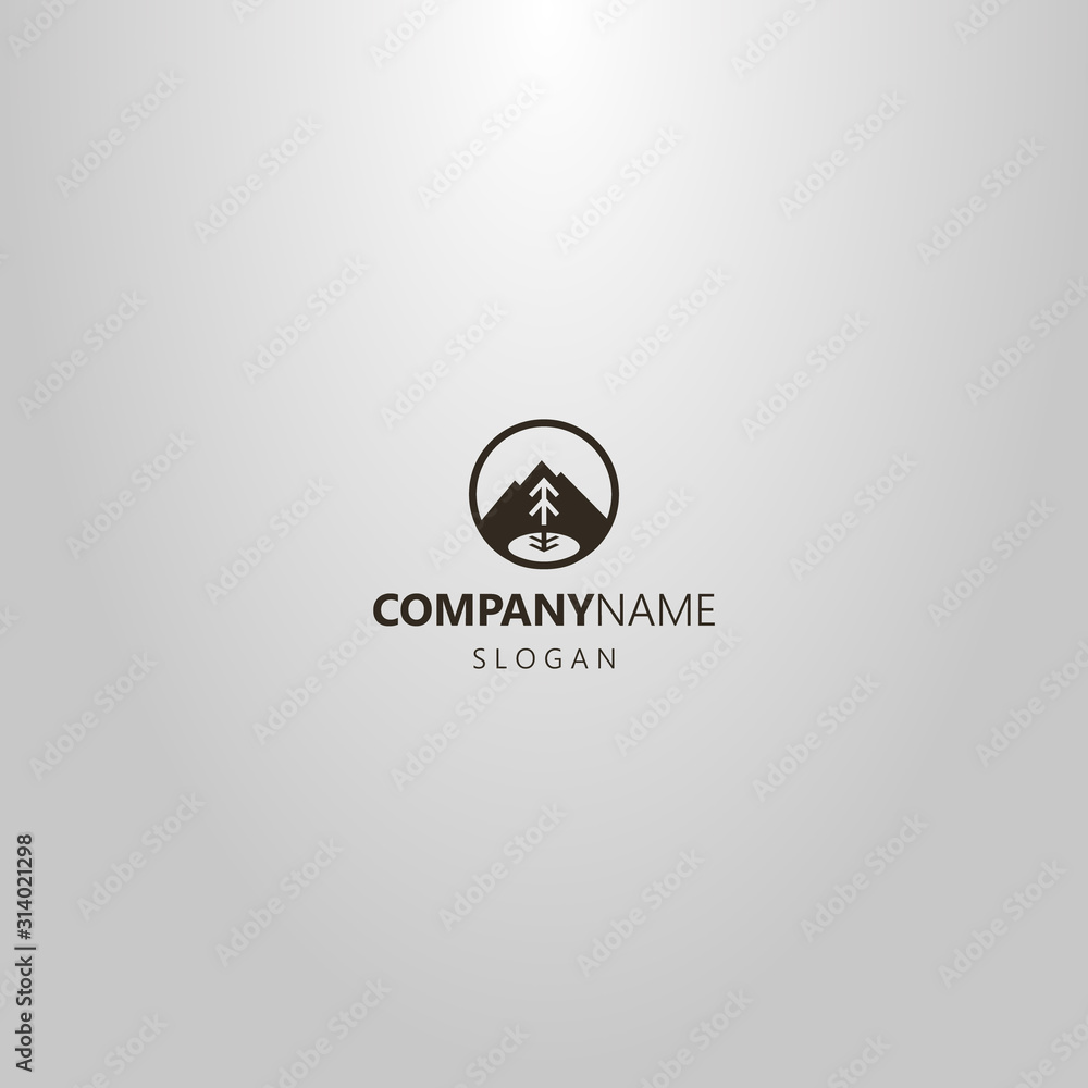 black and white simple vector logo of a mountain and fir tree by the lake in a round frame black and white simple vector logo of a mountain and fir tree by the lake in a round frame