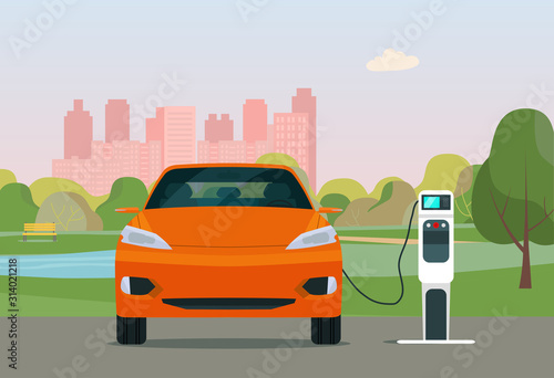 Fototapeta Naklejka Na Ścianę i Meble -  Electric CUV car in a city. Electric car is charging, font view. Vector flat style illustration
