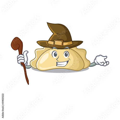 cartoon mascot style of pierogi dressed as a witch
