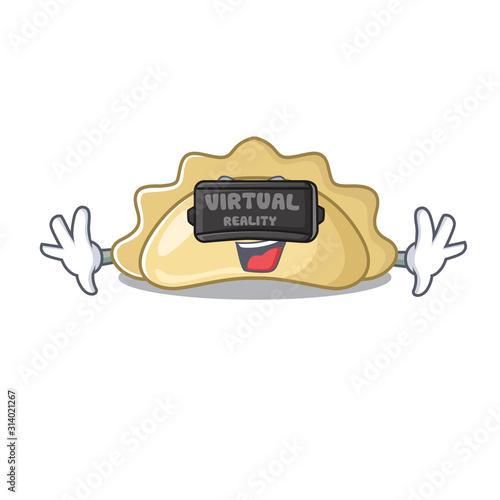 Trendy pierogi character wearing Virtual reality headset