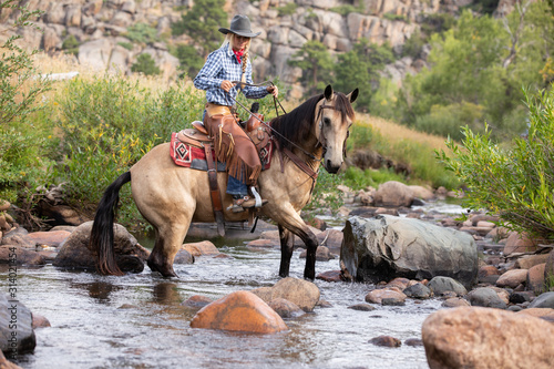 cowgirl and horse in water