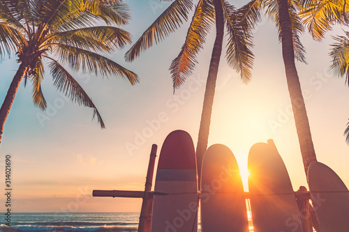 Fototapeta Naklejka Na Ścianę i Meble -  Surfboard and palm tree on beach background.