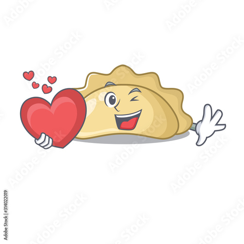 Funny Face pierogi cartoon character holding a heart