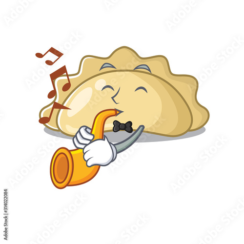 cartoon character style of pierogi performance with trumpet