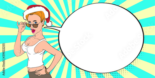 Cartoon style sexy girl with text bubble. Sale X-mas poster in comic book style. Vector illustration.