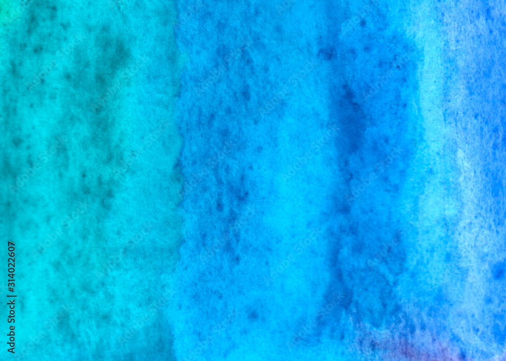 Abstract watercolor background bright azure blue green. Hand drawn. The texture of the paper