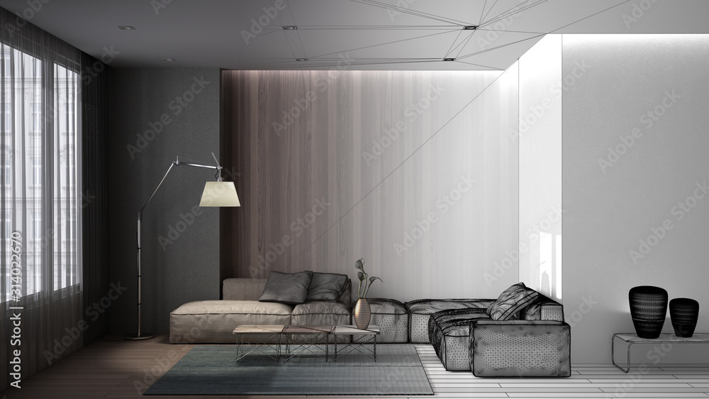 Architect interior designer concept: unfinished project that becomes real, luxury minimal living room with parquet floor, concrete wall and wooden panel, sofa, carpet, curtains Architect interior designer concept: unfinished project that becomes real, luxury minimal living room with parquet floor, concrete wall and wooden panel, sofa, carpet, curtains