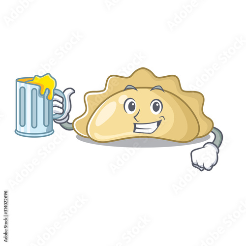 Happy pierogi mascot design with a big glass