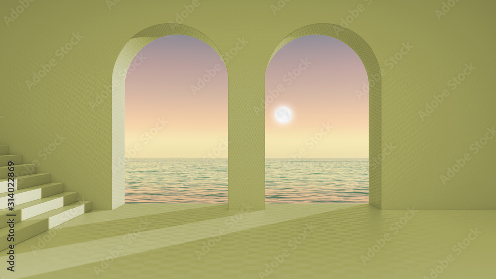 Imaginary fictional architecture, interior design of empty space with arched window and staircase, concrete green walls, terrace with sunrise sunset sea panorama, clear sky with moon