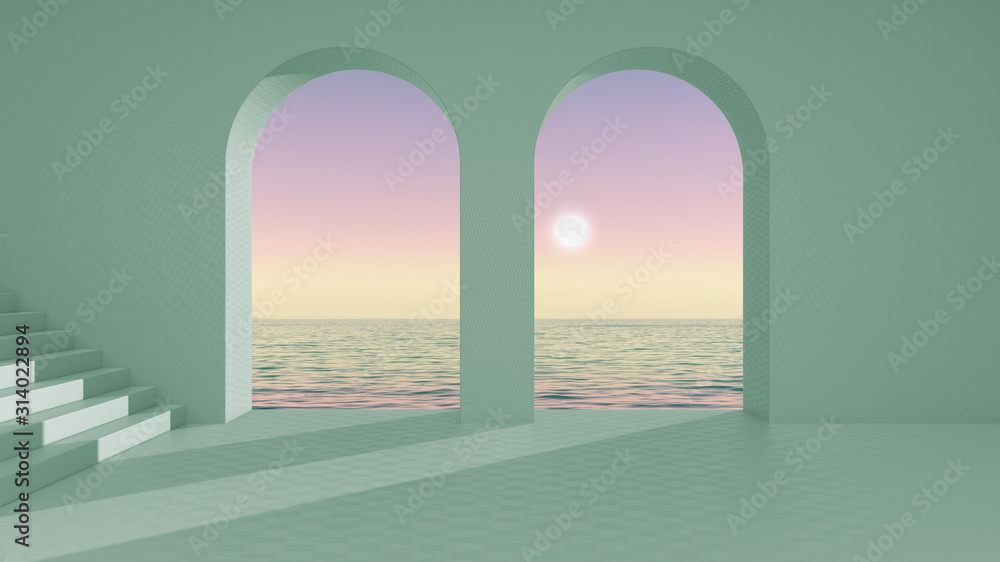 Imaginary fictional architecture, interior design of empty space with arched window and staircase, concrete teal walls, terrace with sunrise sunset sea panorama, clear sky with moon