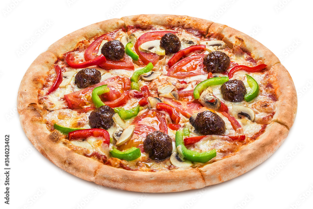 Delicious pizza with meatballs,  mushrooms, tomatoes, peppers and mozzarella, isolated on white background