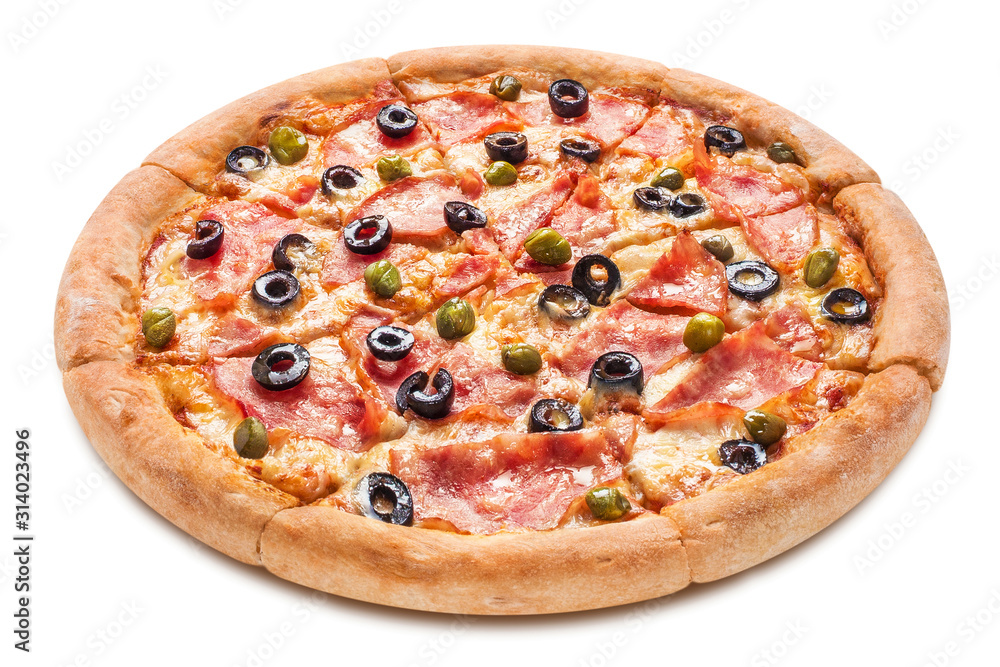 Delicious pizza with ham, champignon mushrooms, capers and olives, isolated on white background Delicious pizza with ham, champignon mushrooms, capers and olives, isolated on white background