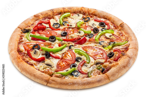 Delicious vegetarian pizza with champignon mushrooms, tomatoes, mozzarella, peppers and black olives, isolated on white background photo