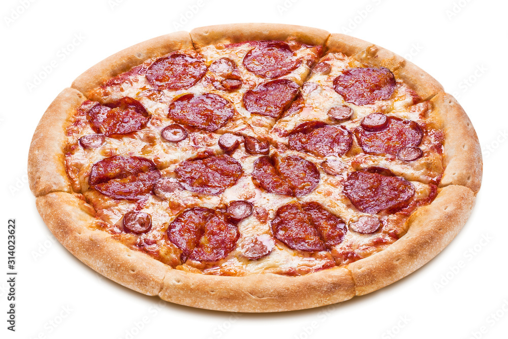 Delicious pizza with salami, sausages, mozzarella and tomato sauce, isolated on white background Delicious pizza with salami, sausages, mozzarella and tomato sauce, isolated on white background