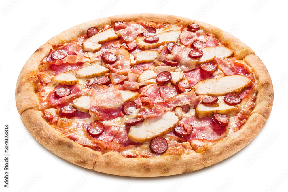 Delicious pizza with chicken fillet, ham, bacon, sausages, tomato sauce and mozzarella, isolated on white background Delicious pizza with chicken fillet, ham, bacon, sausages, tomato sauce and mozzarella, isolated on white background