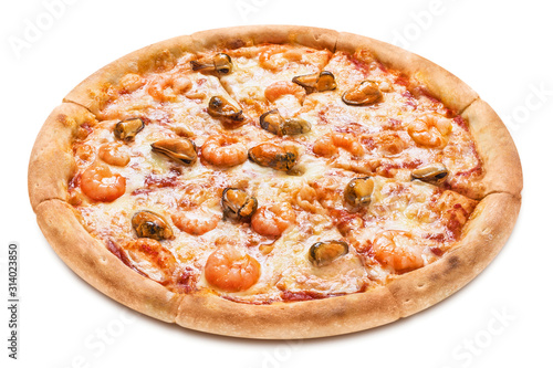 Delicious pizza with seafood (shrimps and oysters), isolated on white background