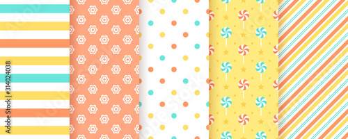 Scrapbook pattern. Seamless background. Vector. Cute print. Set textures with polka dots, stripe, flower and candy. Packing paper. Modern pastel illustration. Abstract geometric color backdrop.