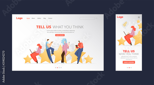 Feedback, survey vector flat landing page concept with people, man and woman sitting on big rating stars, writing reviews and making comments about service or product. Rate Evaluation and testimonial