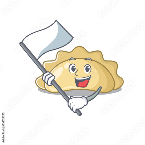 Funny pierogi cartoon character style holding a standing flag