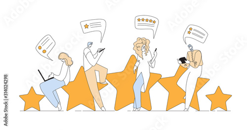 Feedback, survey vector flat line concept with people, man and woman sitting on big rating stars, writing reviews and making comments about service or product. Rate Evaluation and testimonial