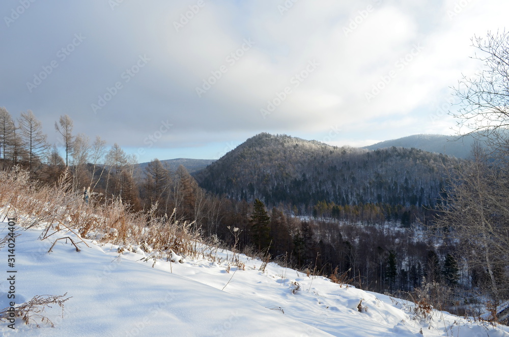 Winter hills near Angara river source