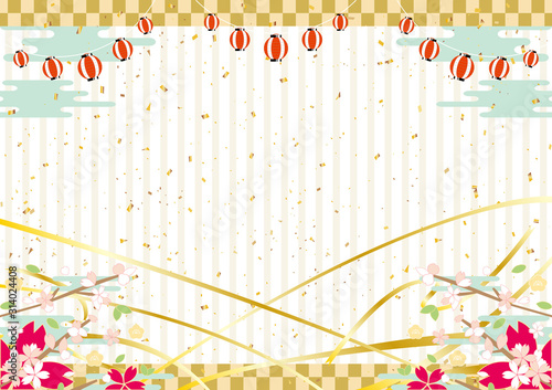 春　桜　提灯　金紙吹雪　ストライプ背景	