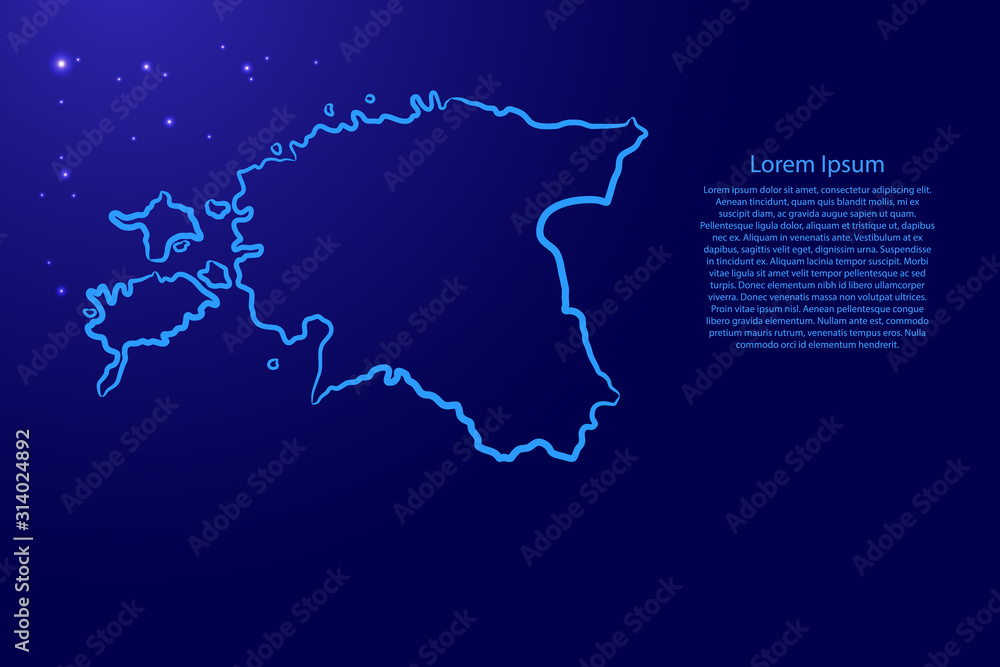 Estonia map from the contour classic blue color brush lines different thickness and glowing stars on dark background. Vector illustration.