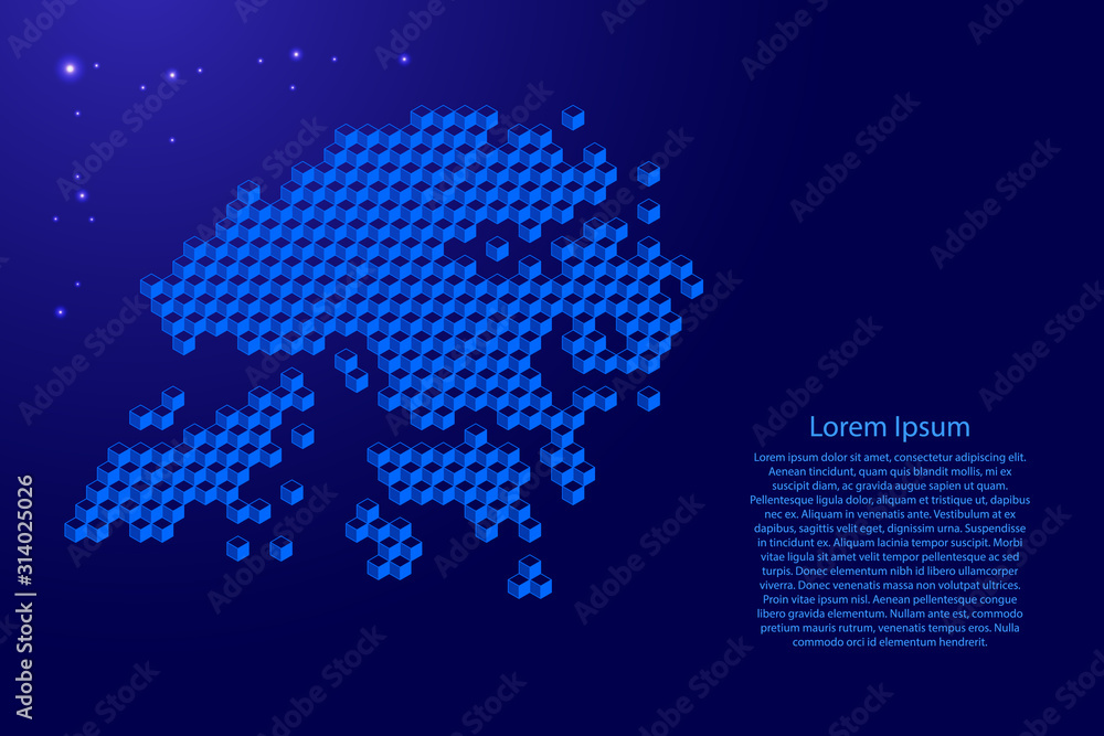 Hong Kong map from 3D classic blue color cubes isometric abstract concept, square pattern, angular geometric shape, glowing stars. Vector illustration.