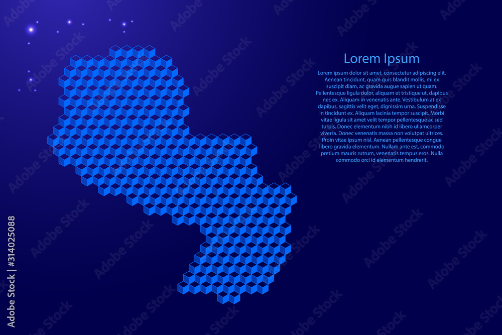 Paraguay map from 3D classic blue color cubes isometric abstract concept, square pattern, angular geometric shape, glowing stars. Vector illustration.