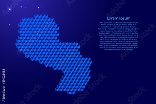 Paraguay map from 3D classic blue color cubes isometric abstract concept, square pattern, angular geometric shape, glowing stars. Vector illustration.