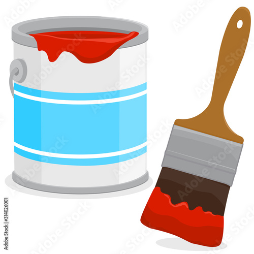 Red paint can and a paint brush. Vector illustration