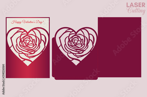 Laser cut pocket envelope with roses pattern. Template for cutting. Wedding invitation or valentine greeting card mockup with lace heart.