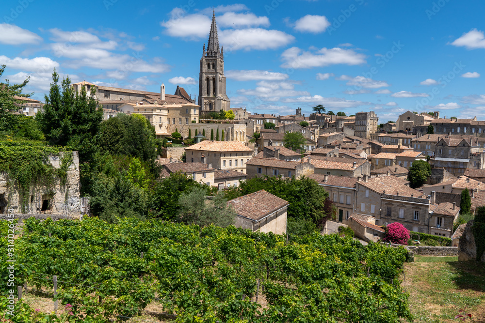 landscape view of Church in Saint-Emilion village in Bordeaux france