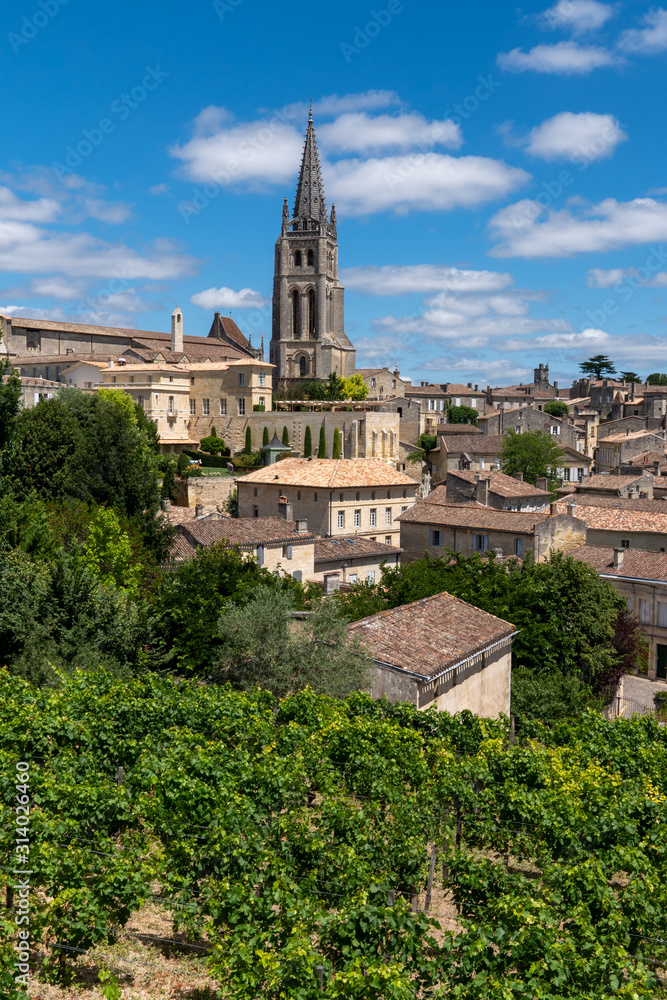 hilltop city village of Saint-Emilion near Bordeaux surrounded by vineyards in France