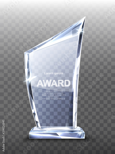 Award glass trophy isolated on transparent background. Acrylic plexiglass transparent shiny prize for victory in business or sport competition design element Realistic 3d vector illustration, clip art