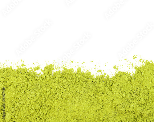 Photos Green Green matcha powder on white background from above