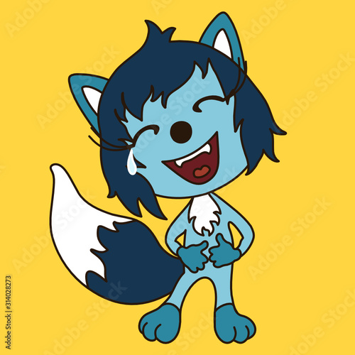 ha-ha emoticon with a funny laughing laugh wolf with blue wool that stands and holds on to his stomach from nicker, color emoji on yellow isolated background
