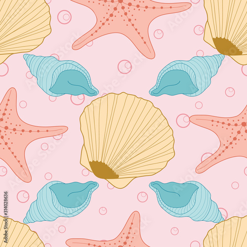Seamless nautical pattern with seashells and starfish on pink background