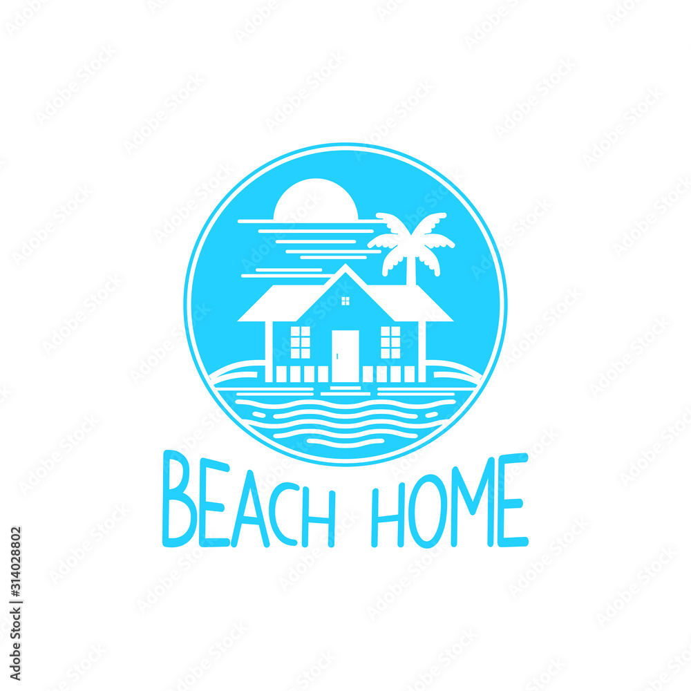 Vector image of a house on the beach, with coconut trees and sunlight around it.