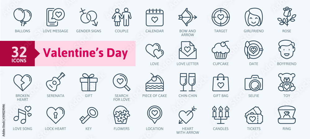 Valentine's Day elements - minimal thin line web icon set. Outline icons collection. Simple vector illustration. - obrazy, fototapety, plakaty 