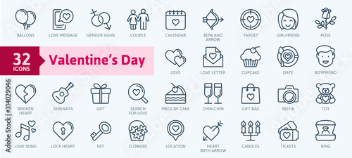 Valentine's Day elements - minimal thin line web icon set. Outline icons collection. Simple vector illustration.