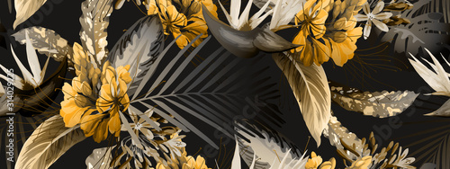 Seamless floral pattern with tropical flowers on dark background. Template design for textiles, interior, clothes, wallpaper. Vector illustration.  Botanical art. 