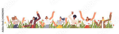 Happy women of different nationalities wave their hands in grass and flowers. Spring Holiday March 8
