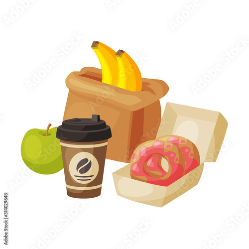 Paper Bag Package with Healthy Breakfast, Coffee Cup, Donuts, Apple, Bananas Vector Illustration