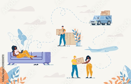 Woman Buying Goods on Laptop Sitting on Sofa at Home. Man Courier Delivering Parcel. Order, Purchase, Delivery Appliance in Internet. Truck and Deliveryman. Online Service People Characters Set