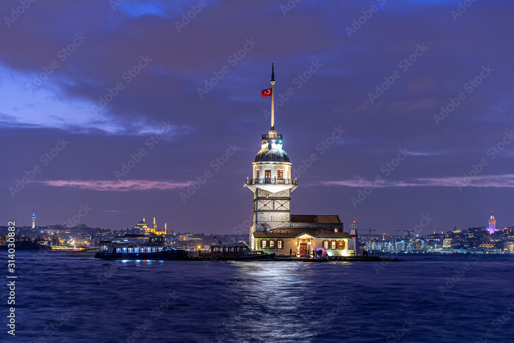 Evening in Istanbul, Maiden's Tower or Kiz Kulesi in Night Time in Istanbul, Turkey 
