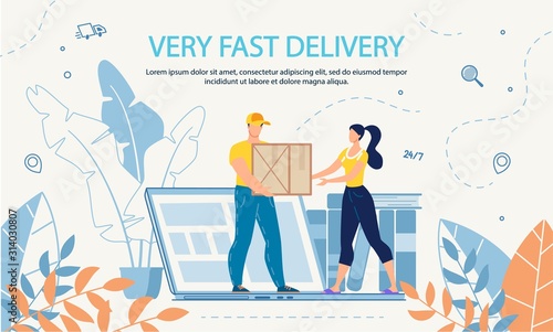 Extremely Fast Delivery Online Round-the-Clock Service Advertisement. Woman Getting Cardboard Parcel Box from Courier. Tiny People Characters Standing on Huge Laptop. Instant Packages Shipping
