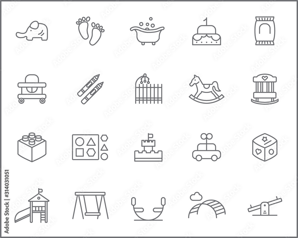 Set of baby and kid Icons line style. Included the icons as kindergarten, playground, seesaw, toy, teeter-totter, wooden horse and more. customize color, stroke width control , easy resize.