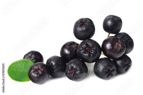Chokeberry with green leaves isolated on white background. Black aronia.